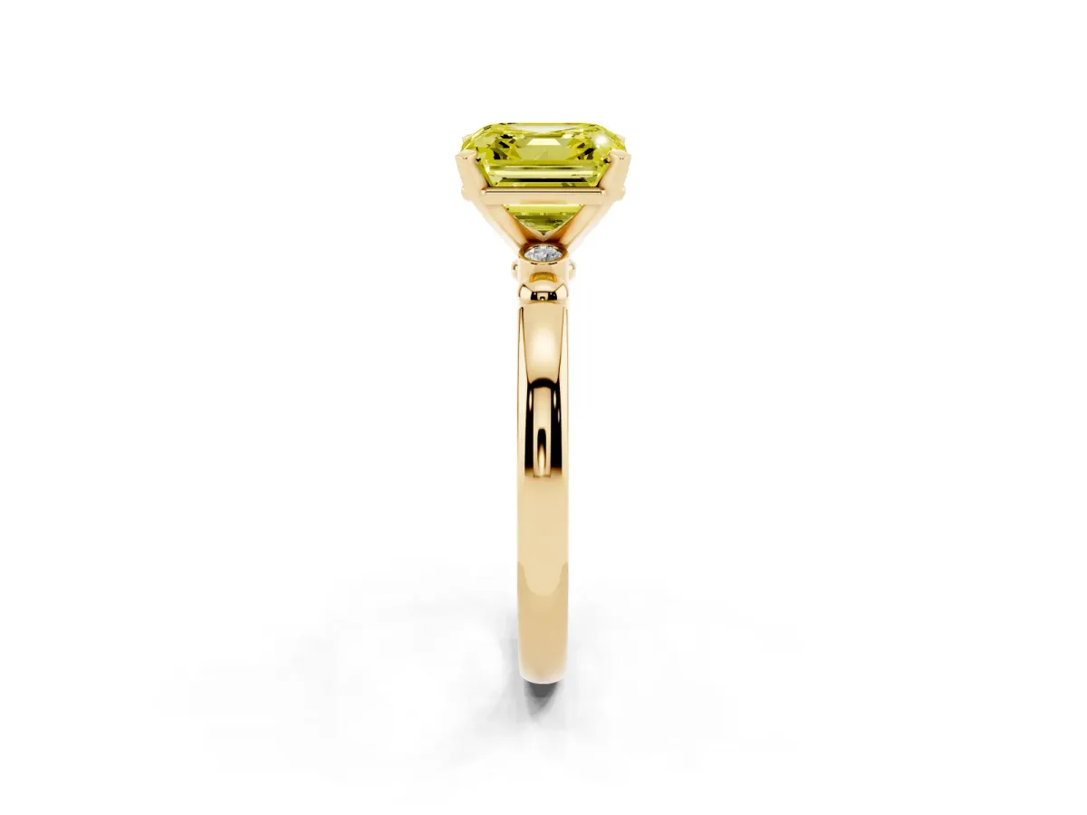 Fancy Yellow Asscher Cut Solitaire Beaded Band with Four-Prong Setting Yellow gold
