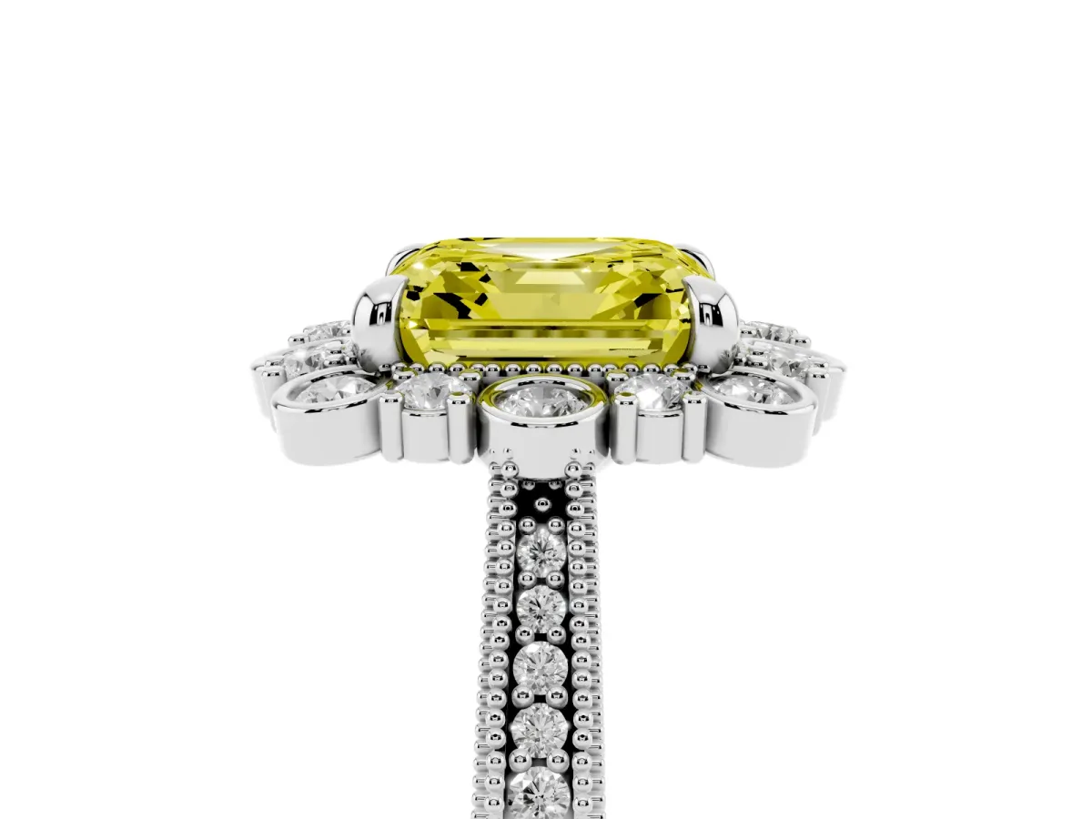 Fancy Yellow Asscher Cut Halo Milgrain Pave Diamond Ring with Four-Prong Setting Silver