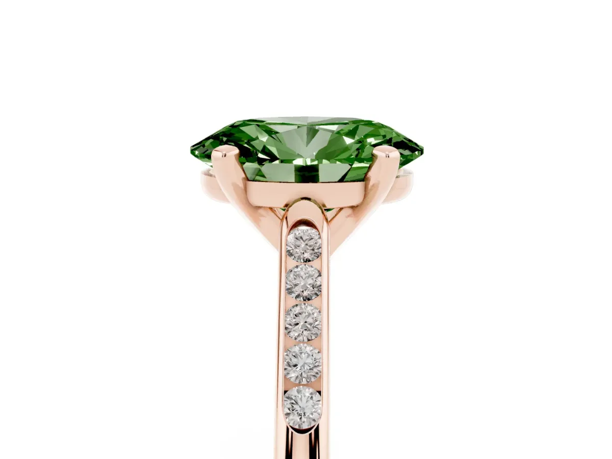 Fancy Green Oval Cut Diamond Solitaire Ring with Channel Set Round Band and Prong Setting Rose gold