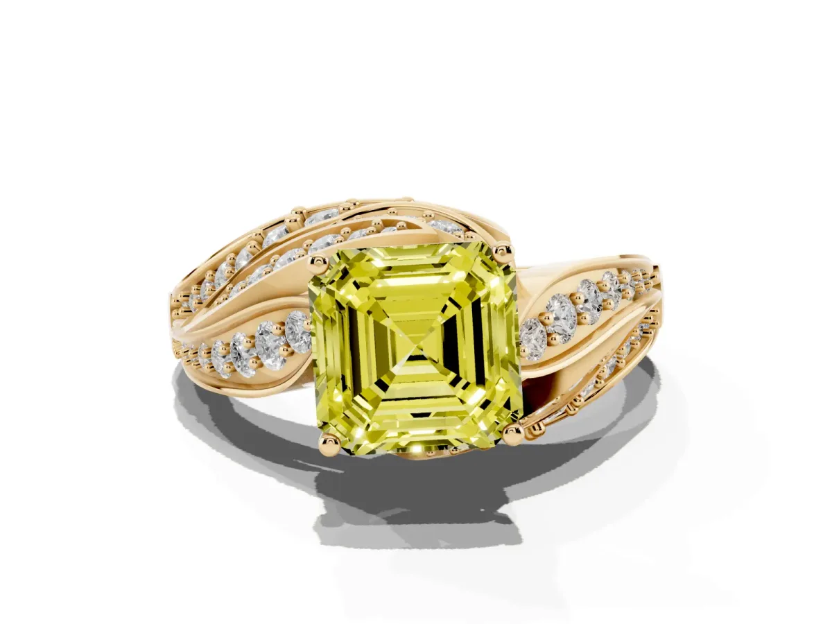 Fancy Yellow Asscher Cut Diamond Solitaire Ring with Prong Setting and Twisted Pavé Band Yellow gold