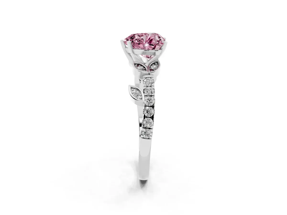 Fancy Pink Heart Cut Solitaire Leaf-Inspired Diamond Ring with Pavé Band and Four-Prong Setting Platinum