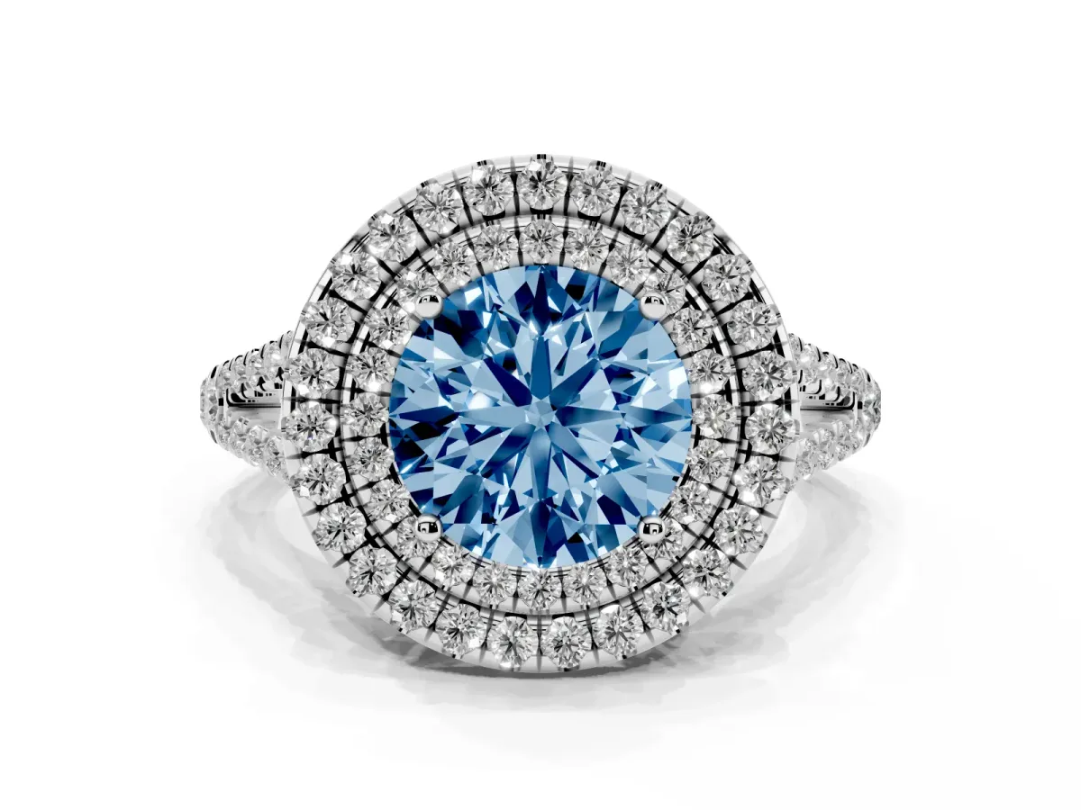 Fancy Blue Round Cut Diamond Double Halo Ring with Pavé Band and Prong Setting Platinum