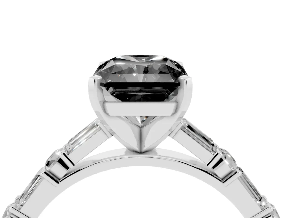 Fancy Black Radiant Cut Diamond Solitaire with Side Baguettes and Channel Set Band Silver