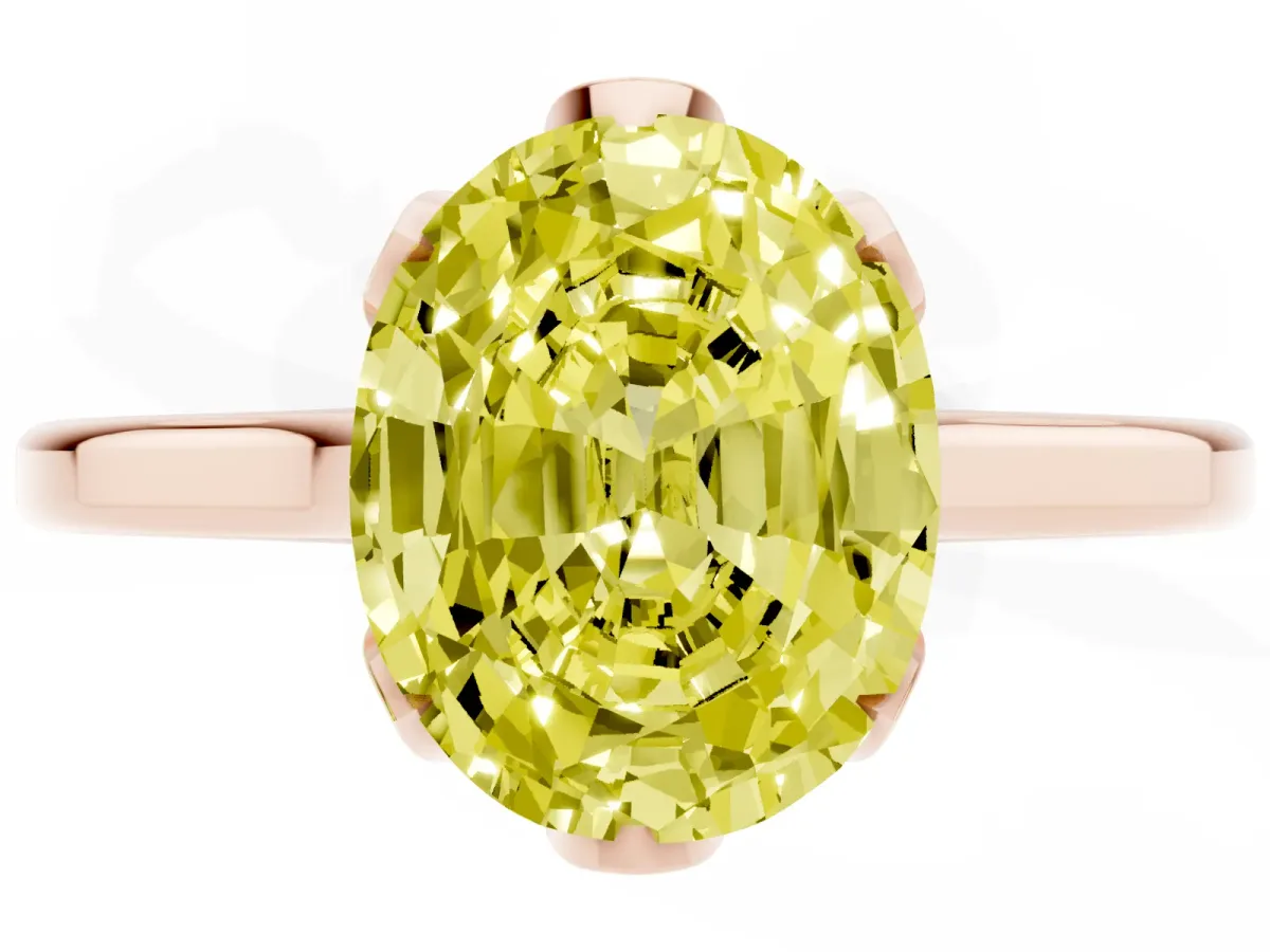 Fancy Yellow Oval Cut Diamond Solitaire Ring with Flower Prong Setting and Classic Band Rose gold