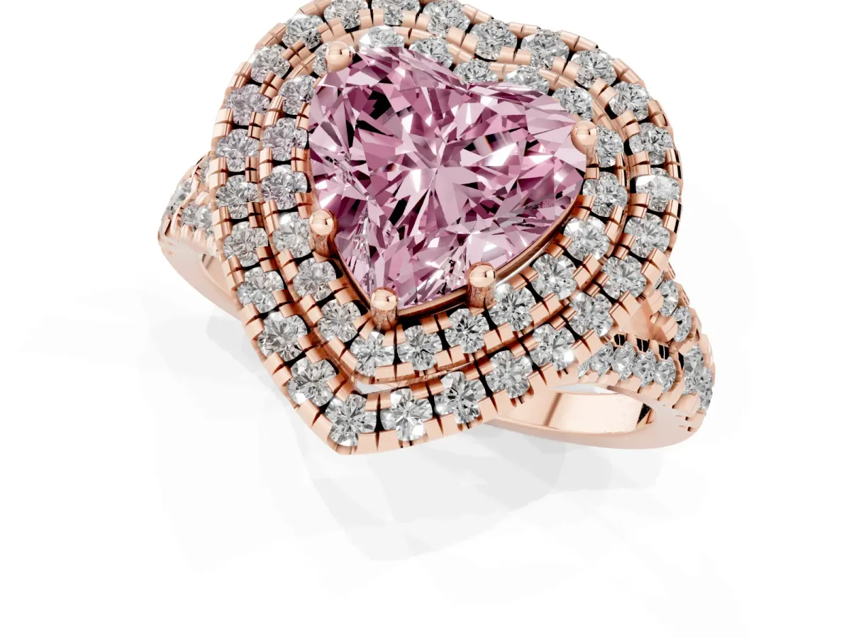 Fancy Pink Double Halo Heart Cut Diamond Pavé Split Shank Ring with Prong Setting Rose gold