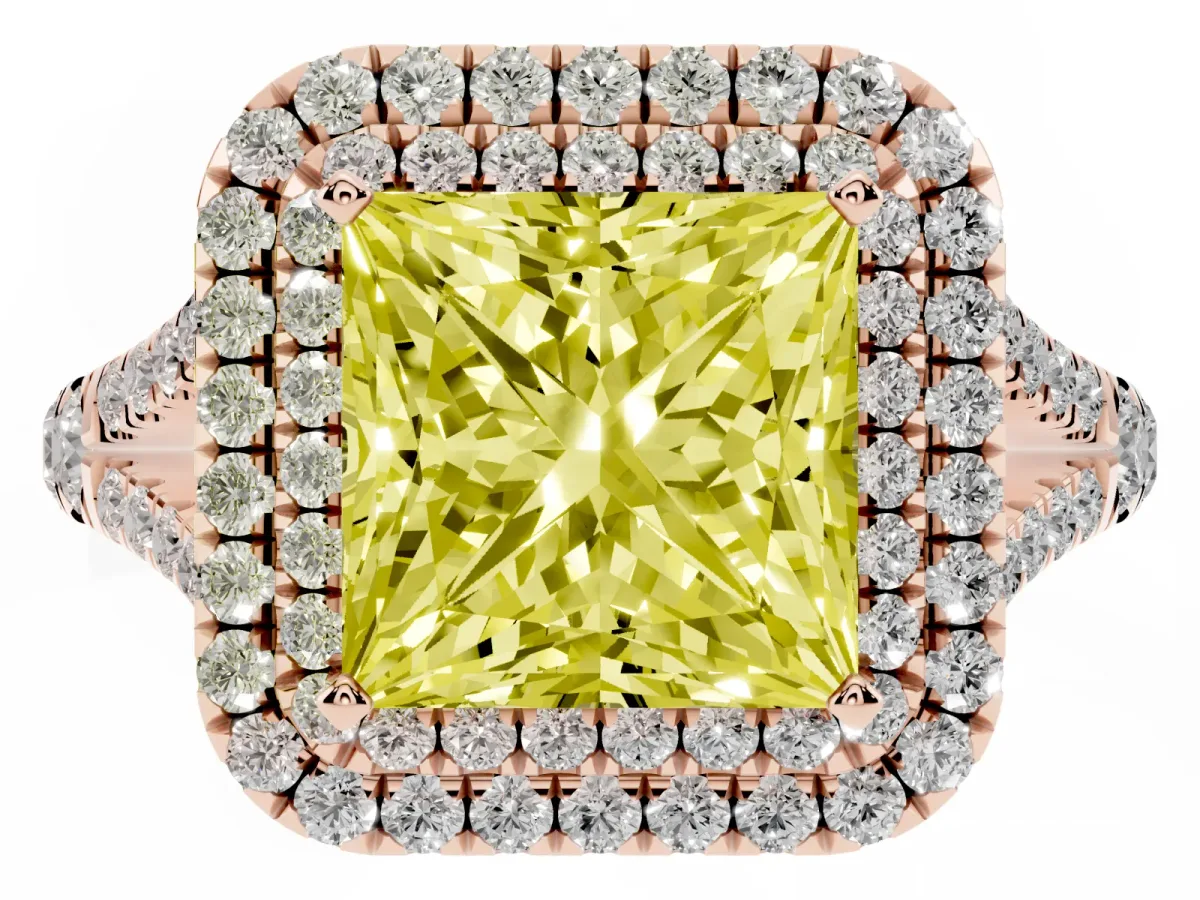 Fancy Yellow Princess Cut Diamond Double Halo Ring with Split Shank and Prong Setting Rose gold