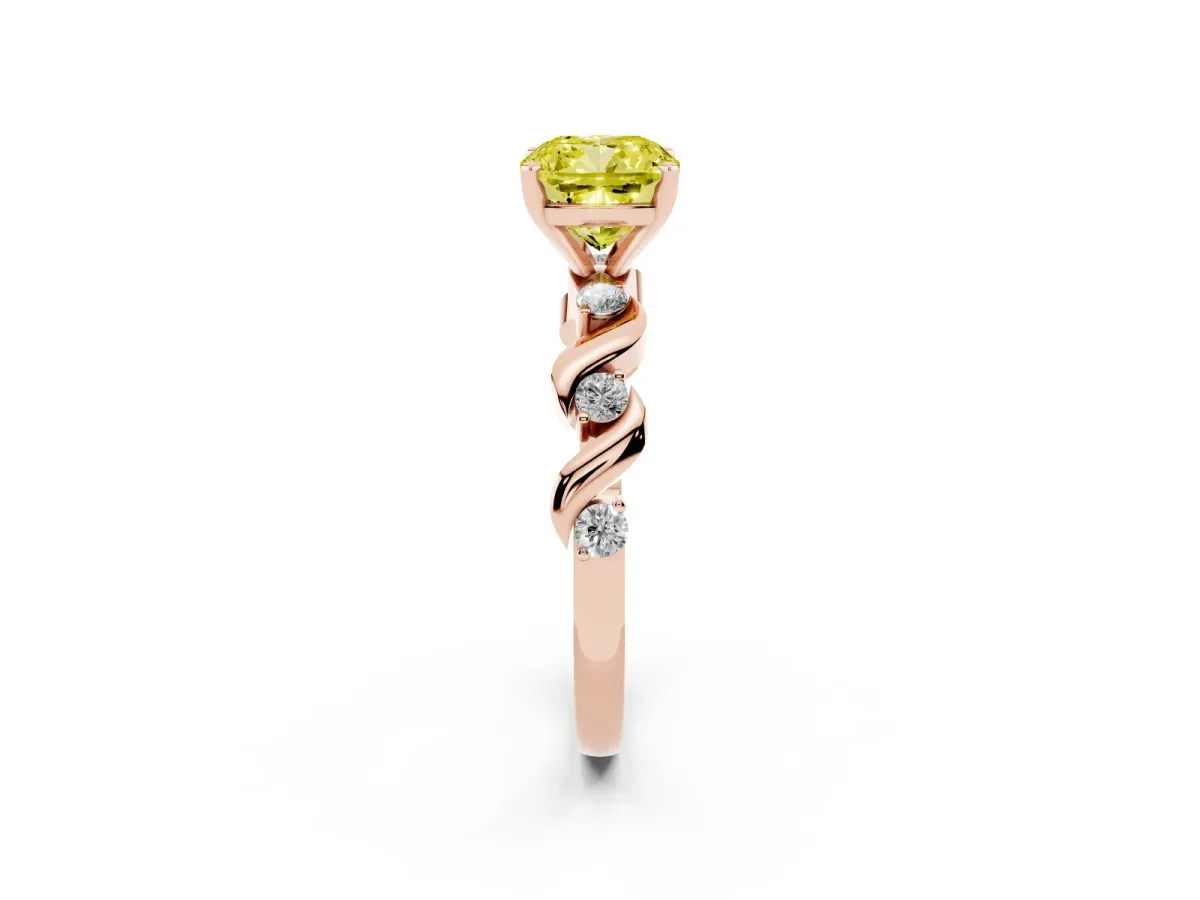 Fancy Yellow Cushion Cut Diamond Solitaire Twisted Band with Round Accents and Prong Setting Rose gold
