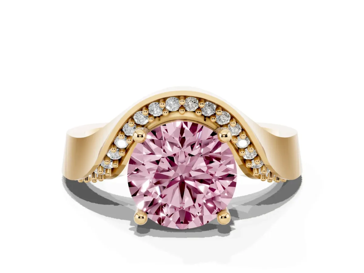 Fancy Pink Round Cut Solitaire Diamond Engagement Ring with Pave Band and Four-Prong Setting Yellow gold