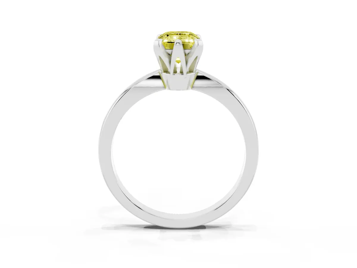 Fancy Yellow Emerald Cut Solitaire Engagement Ring with Six-Prong Setting and Tapered Band Silver