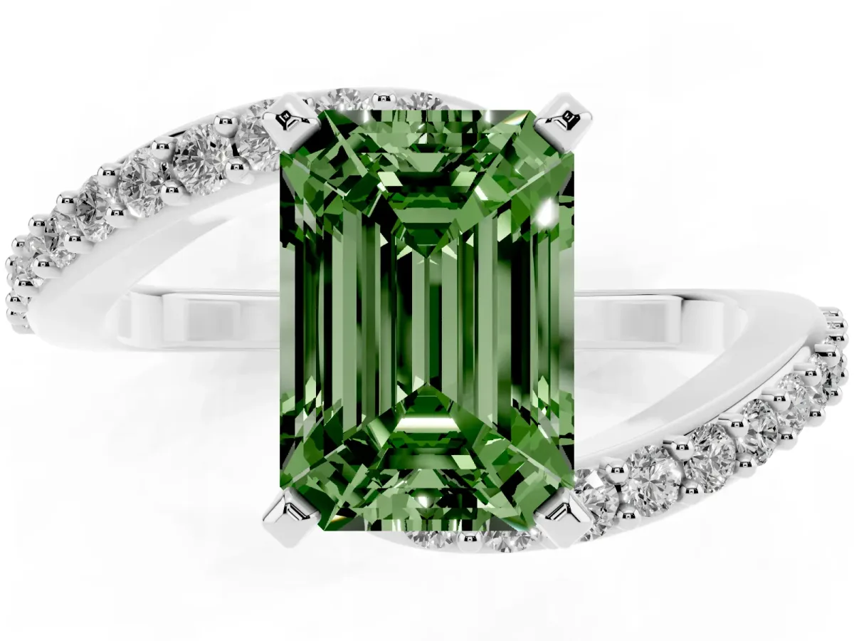 Fancy Green Emerald Cut Solitaire Twist Band with Pave Set Diamonds and Four-Prong Setting Platinum