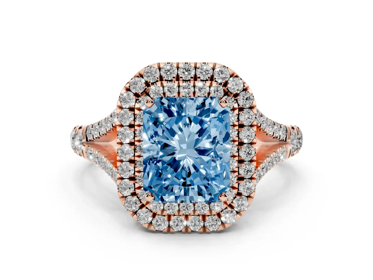 Fancy Blue Radiant Cut Cut Double Halo Split Shank Diamond Ring with Prong Setting Rose gold