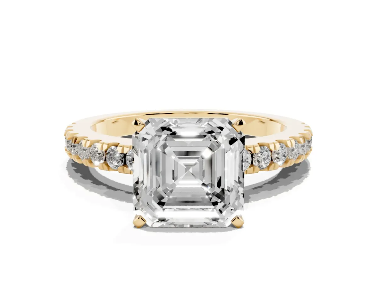 Asscher Cut Solitaire Diamond with Pavé Band and Four-Prong Setting Yellow gold