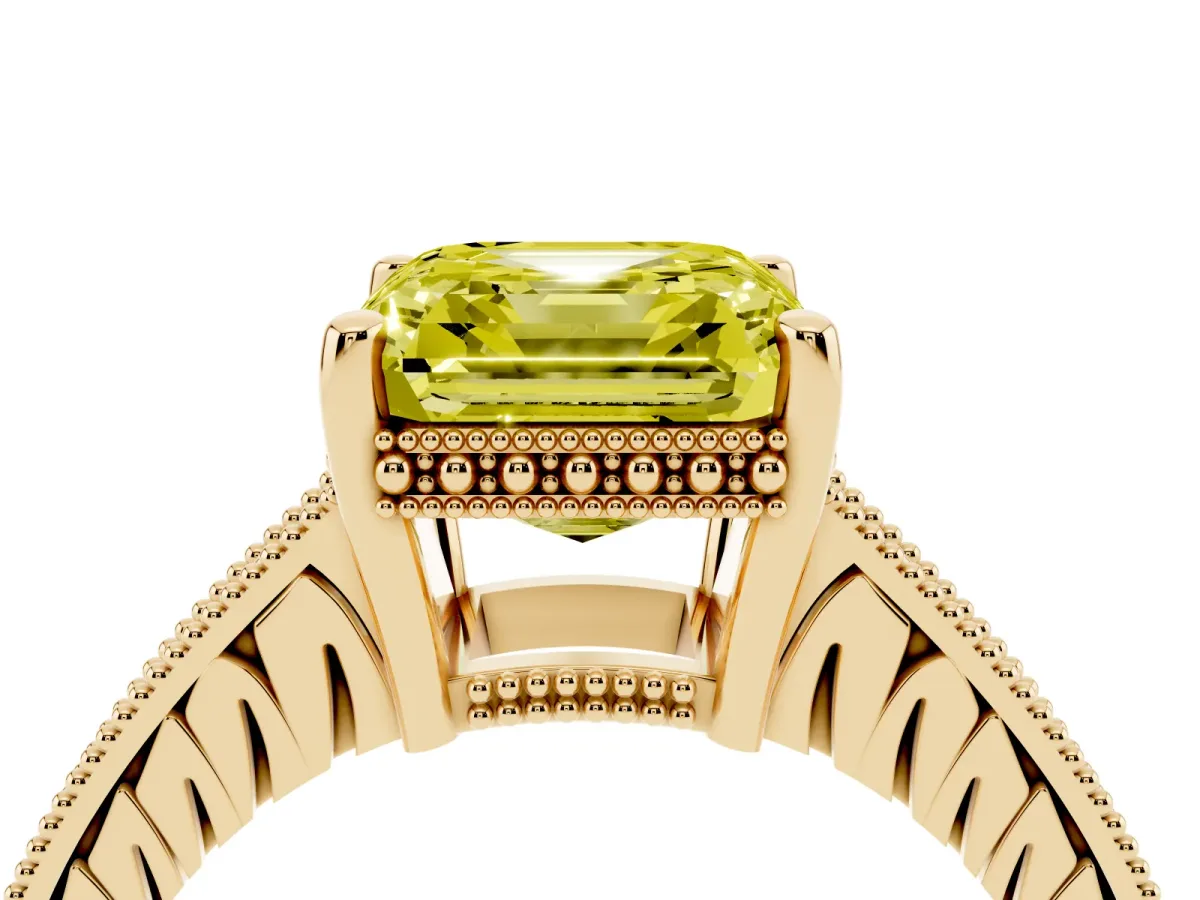 Fancy Yellow Asscher Cut Solitaire Pavé Diamond Milgrain Engagement Ring with Four-Prong Setting Yellow gold