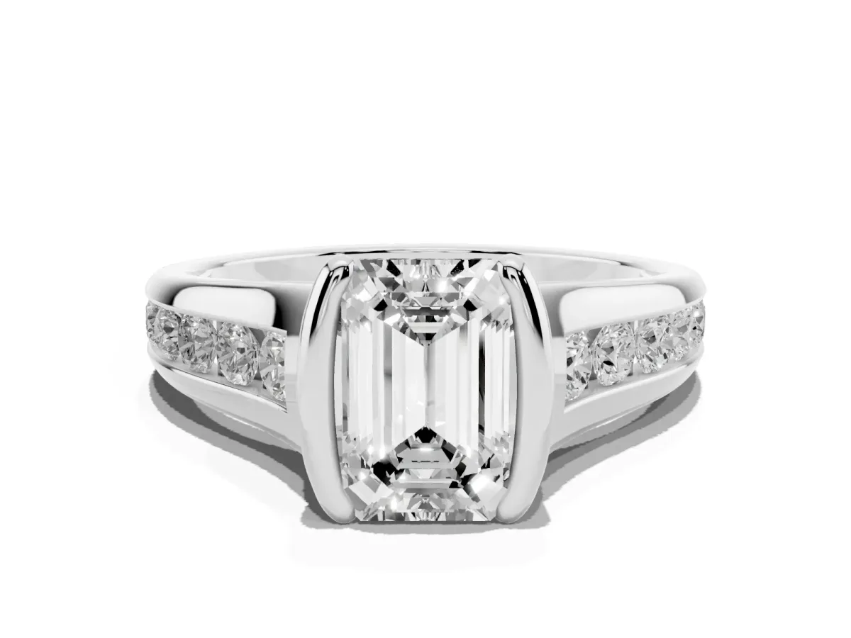 Emerald Cut Solitaire Bezel-Set Diamond Ring with Channel-Set Band Platinum