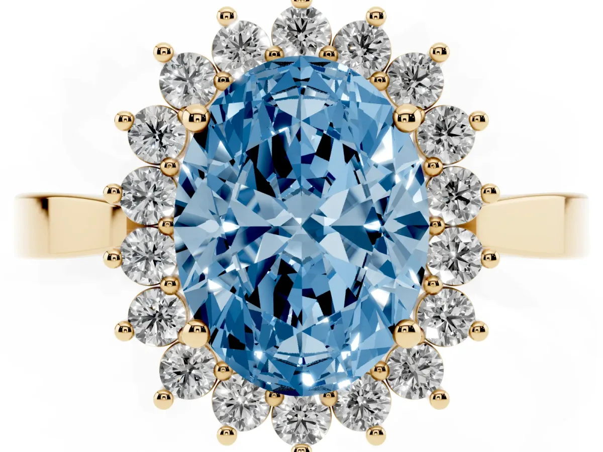 Fancy Blue Oval Cut Cut Diamond Halo Ring with Round Brilliant Halo and Solitaire Band Yellow gold