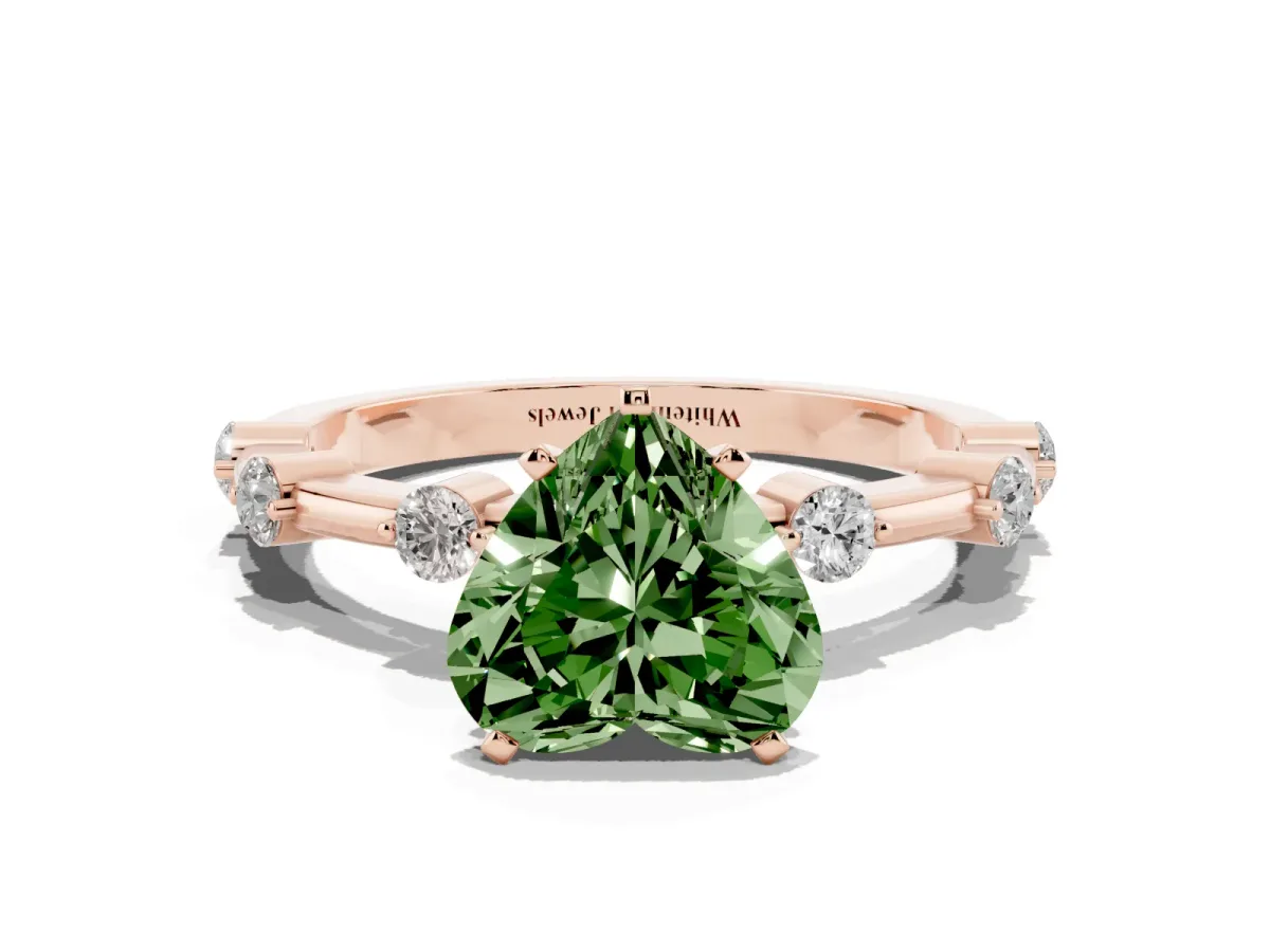 Fancy Green Heart Cut Solitaire Diamond Ring with Bezel Set Side Stones and Prong Setting Rose gold