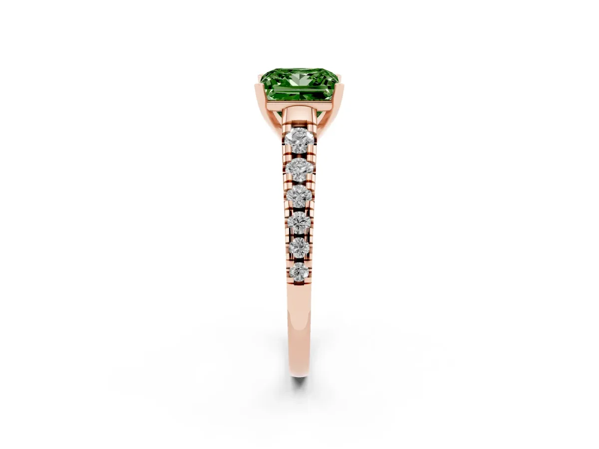 Fancy Green Princess Cut Diamond Cathedral Solitaire Ring with Round Pavé Band Rose gold