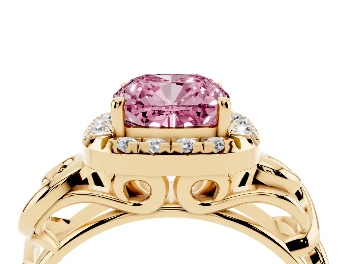 Fancy Pink Cushion Cut Cut Halo Diamond Ring with Scrollwork Band and Four-Prong Setting Yellow gold