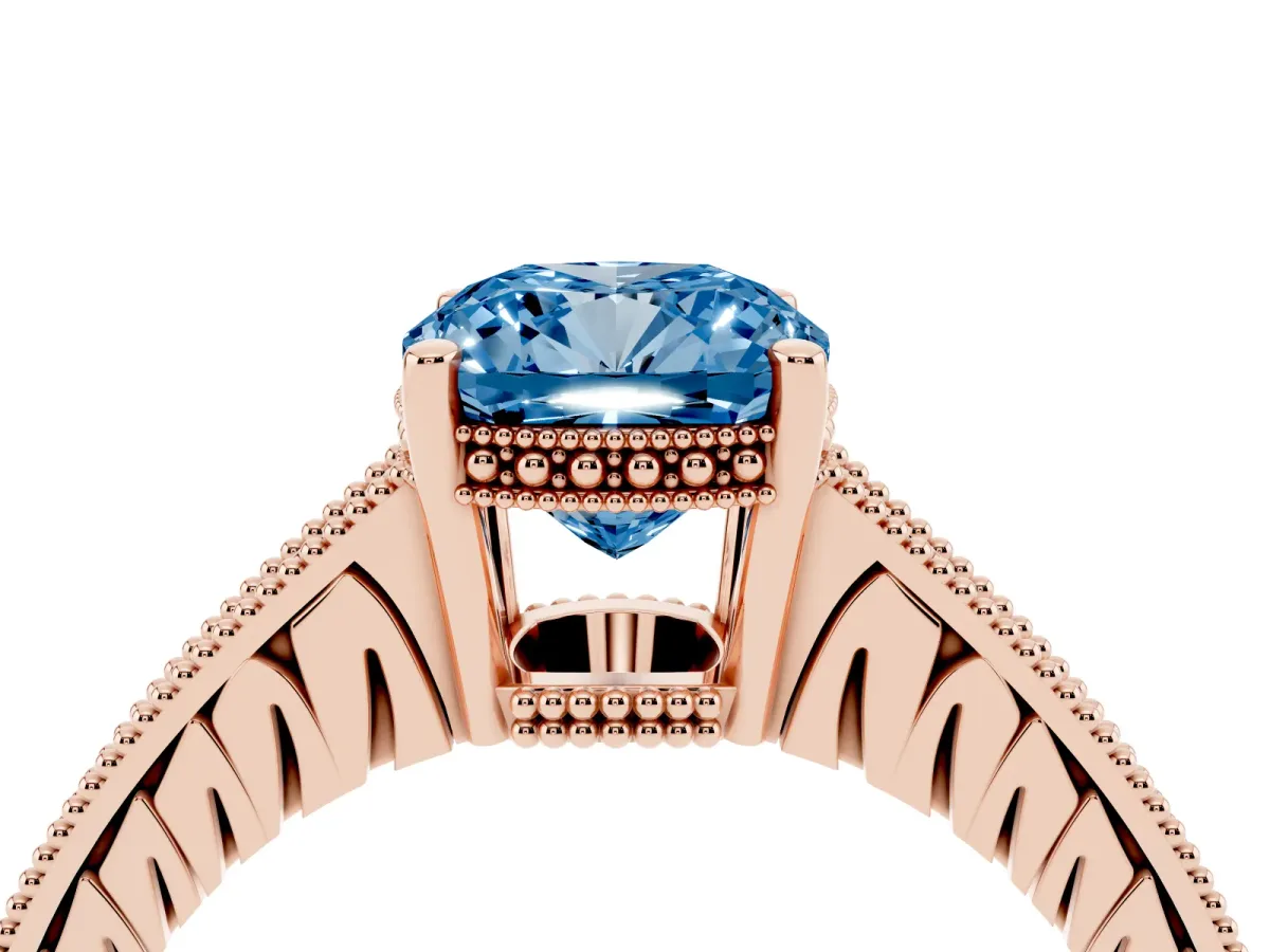 Fancy Blue Cushion Cut Solitaire Pavé Diamond Milgrain Engagement Ring with Four-Prong Setting Rose gold