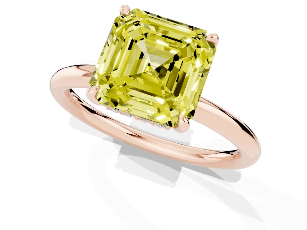 Fancy Yellow Asscher Cut Diamond Solitaire Ring with Thin Band and Four-Prong Setting Rose gold