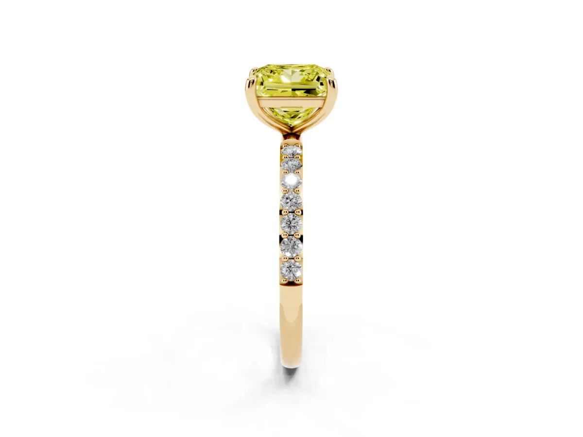 Fancy Yellow Princess Cut Diamond Solitaire Ring with Round Pavé Band and Prong Setting Yellow gold
