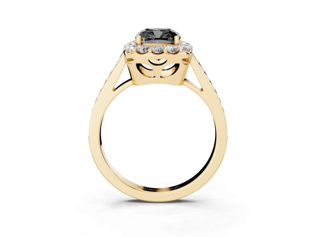Fancy Black Cushion Cut Diamond Floral Halo Ring with Pavé Band and Prong Setting Yellow gold