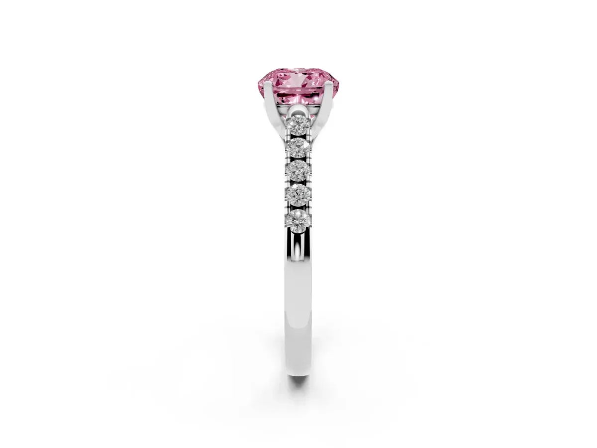 Fancy Pink Cushion Cut Diamond Pavé Band Solitaire Ring with Prong Setting Silver