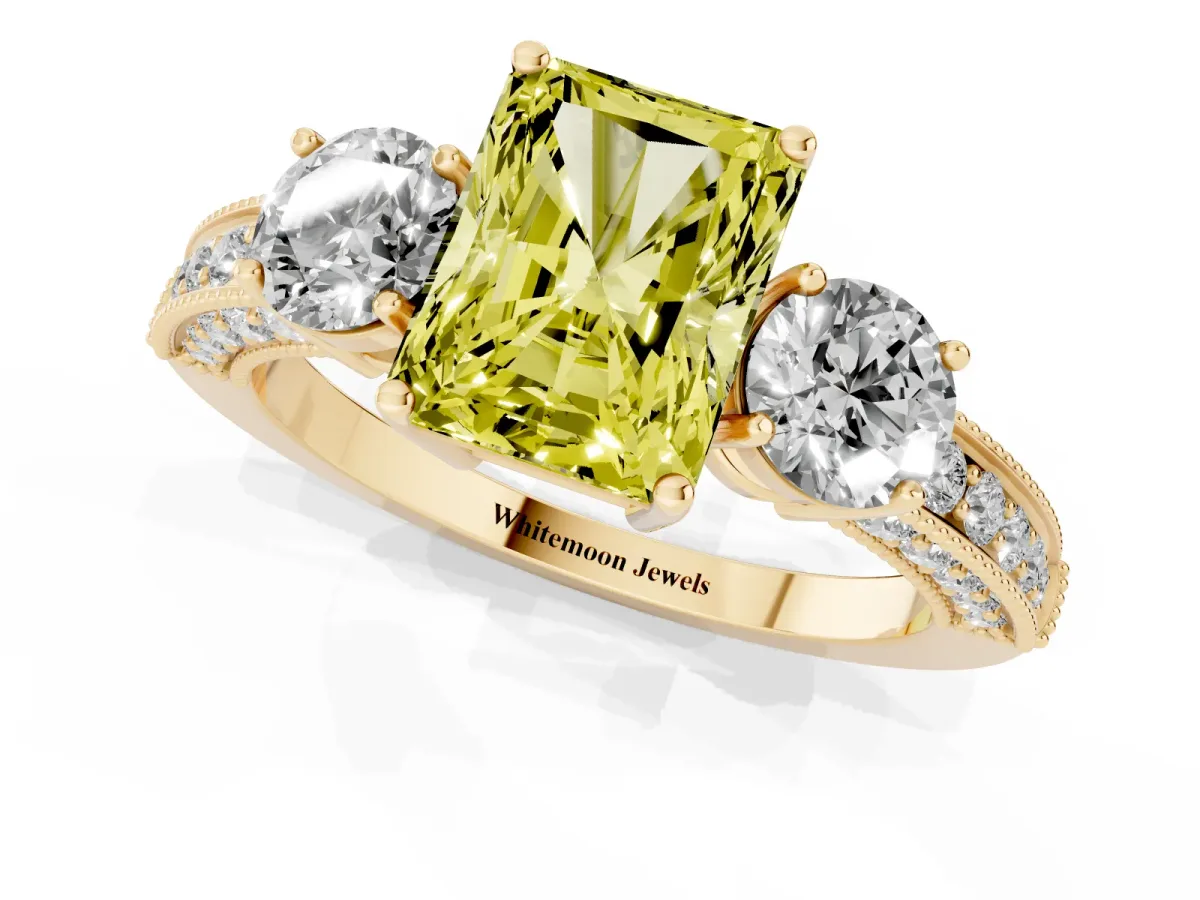 Fancy Yellow Radiant Cut Three-Stone Diamond Ring with Pavé Band and Four-Prong Setting Yellow gold