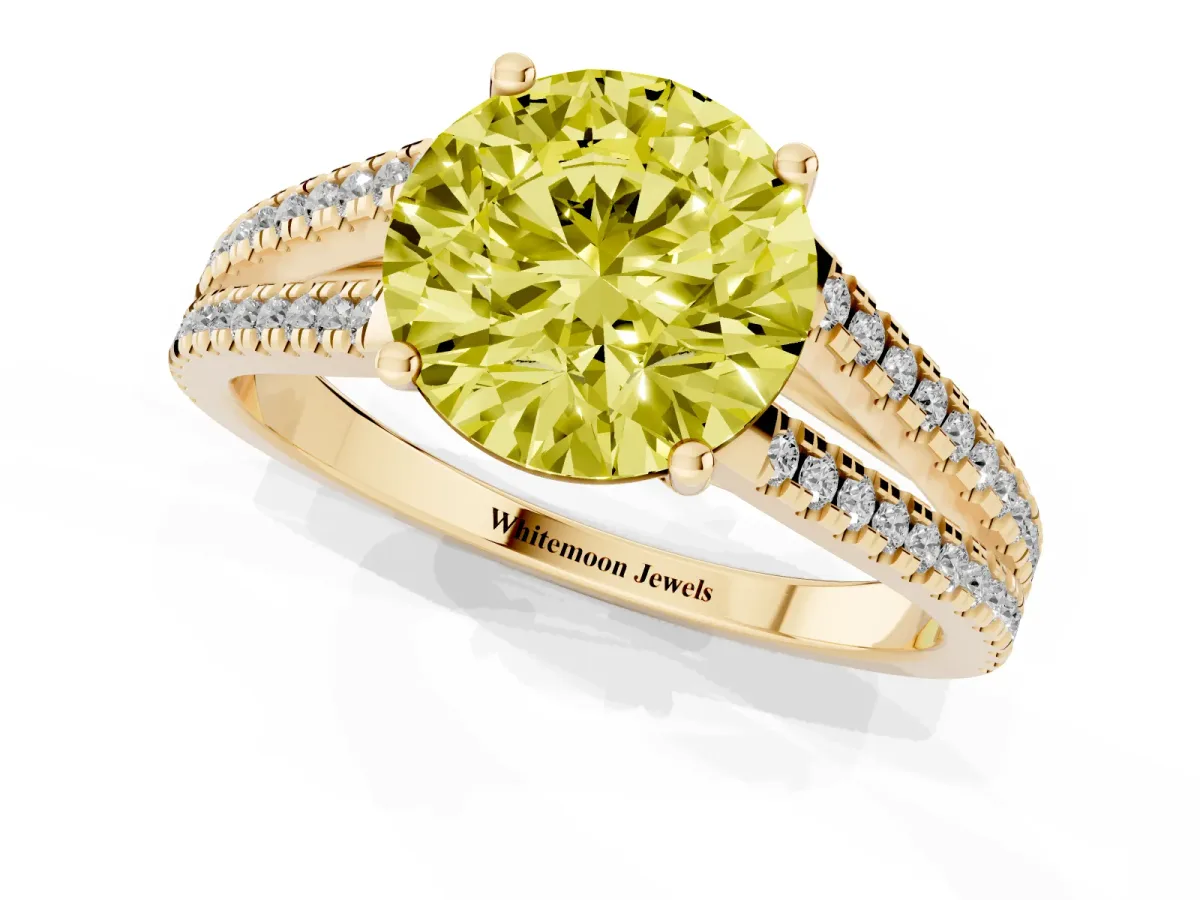 Fancy Yellow Round Cut Diamond Solitaire Engagement Ring with Split Shank Pavé Band Yellow gold