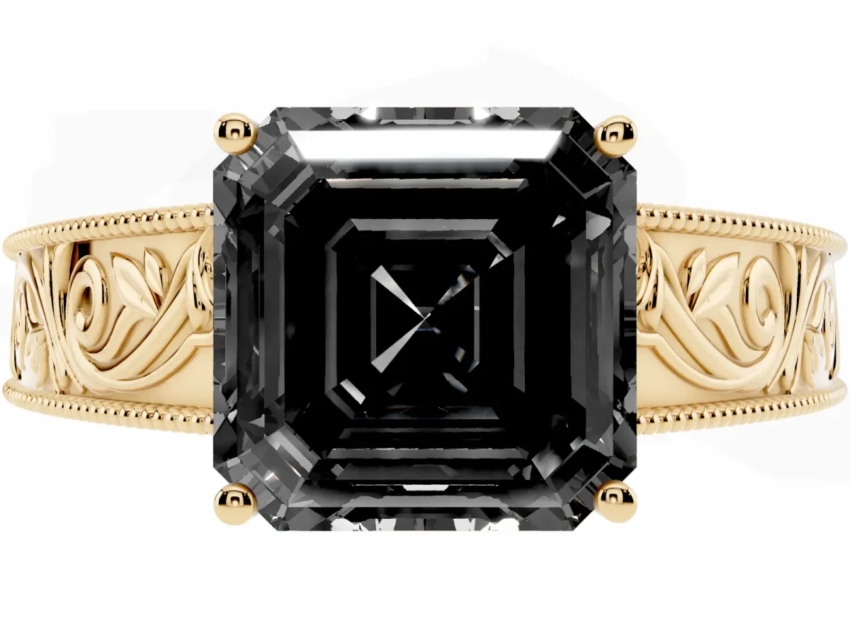 Fancy Black Asscher Cut Diamond Solitaire Ring with Engraved Band and Four-Prong Setting Yellow gold
