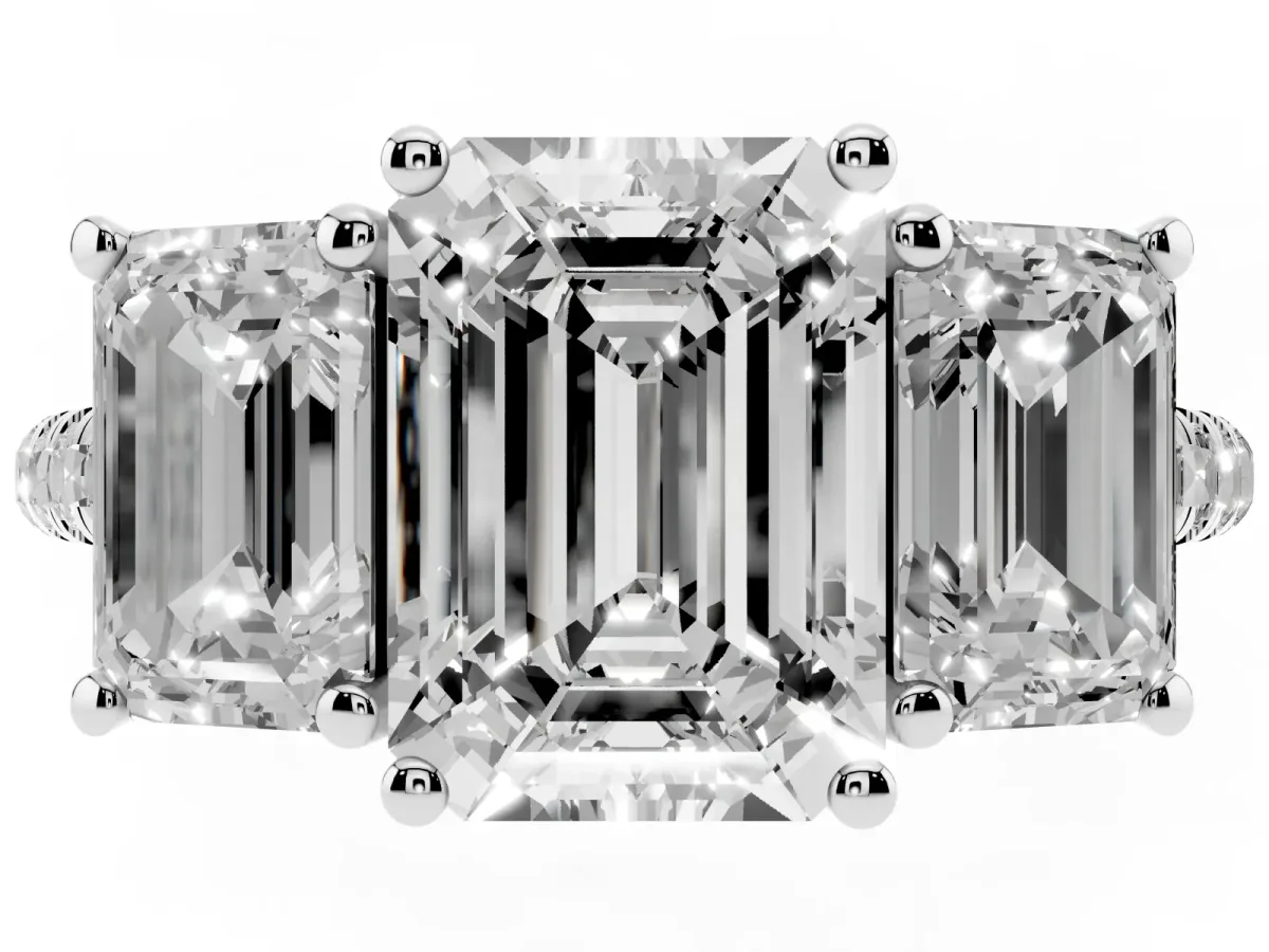 Three-Stone Emerald Cut Diamond Ring with Round Pavé Band and Prong Setting Silver