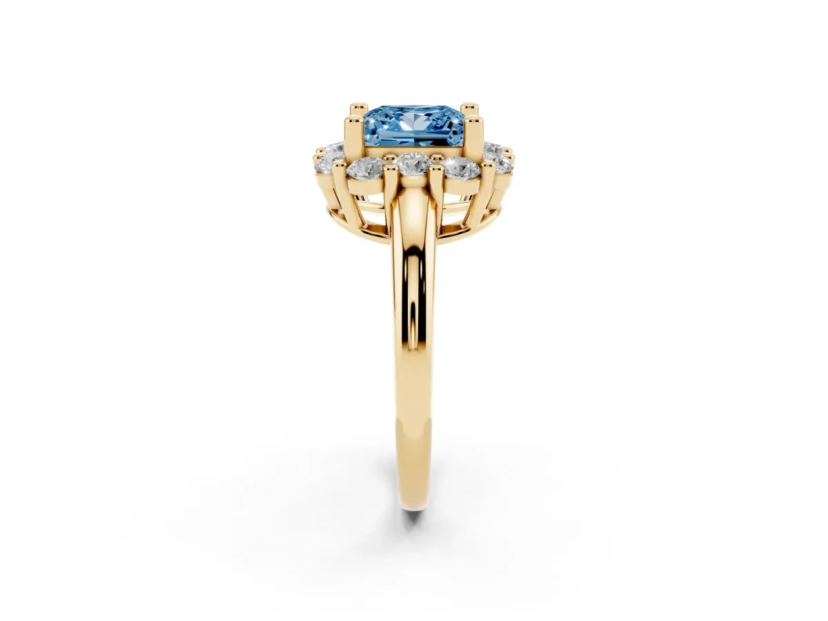 Fancy Blue Princess Cut Halo Cluster Diamond Engagement Ring with Prong Setting and Polished Band Yellow gold
