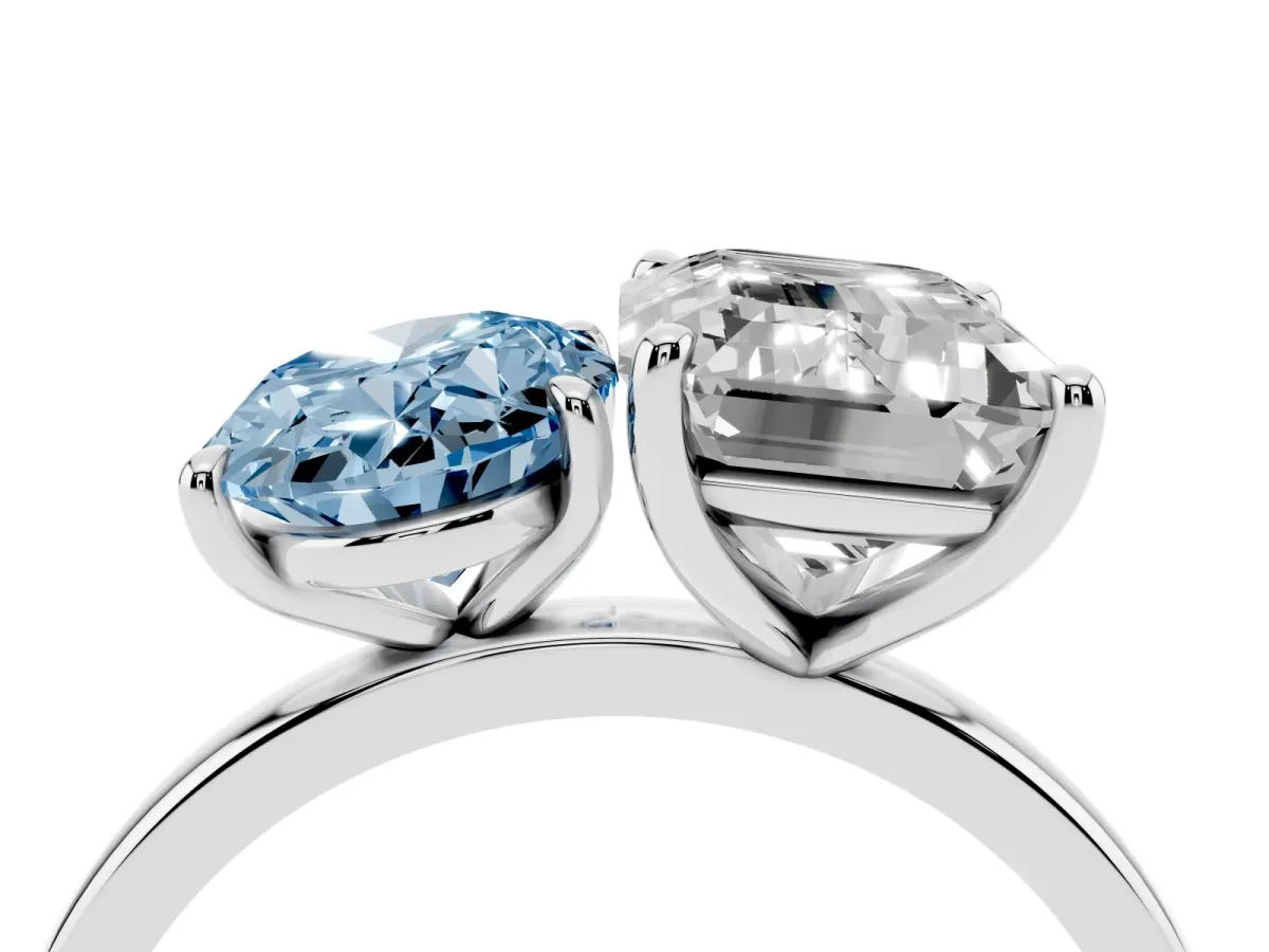Fancy Blue Oval Cut and Emerald Cut Toi Moi Ring with Prong Setting Silver