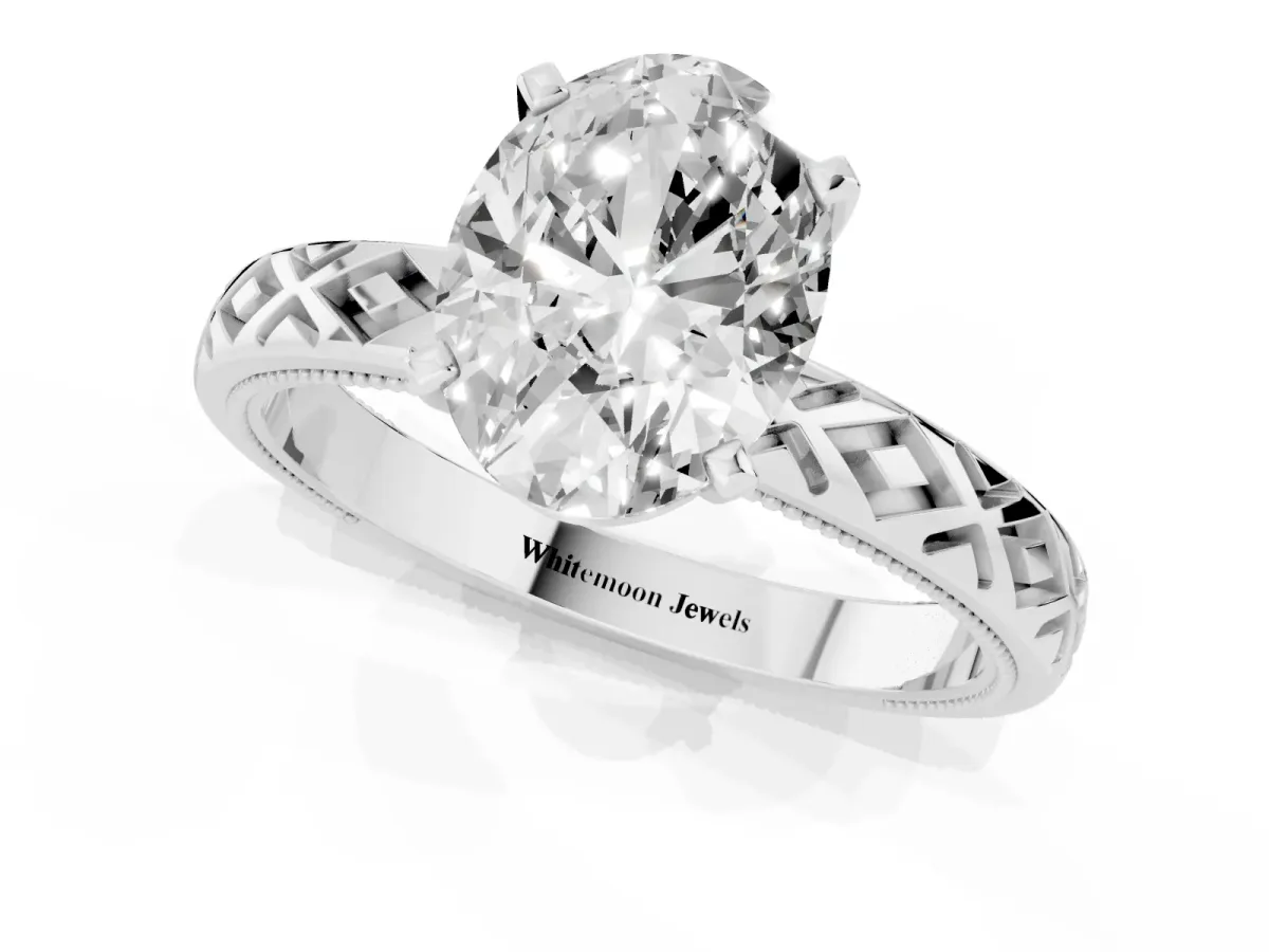 Oval Cut Solitaire Diamond Ring with Milgrain and Black Enamel X Pattern Band Silver