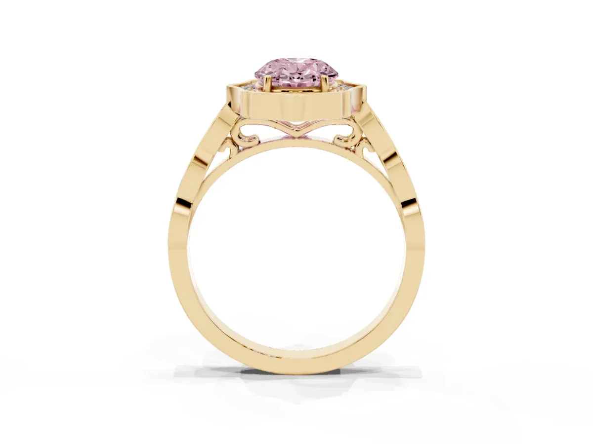 Fancy Pink Oval Cut Halo Diamond Engagement Ring with Milgrain Band and Four-Prong Setting Yellow gold