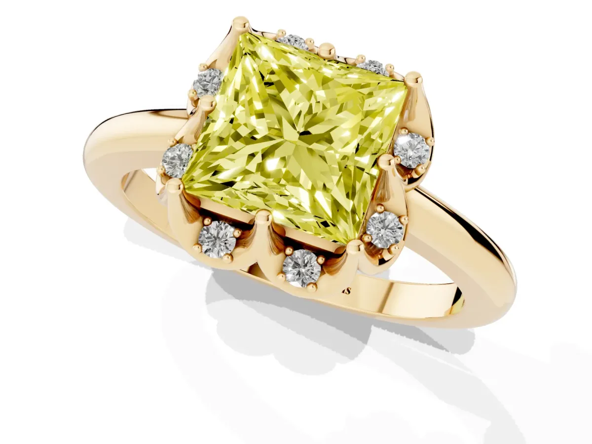 Fancy Yellow Princess Cut Halo Diamond Ring with Round Cluster Setting, Solitaire Band, and Four-Prong Setting Yellow gold