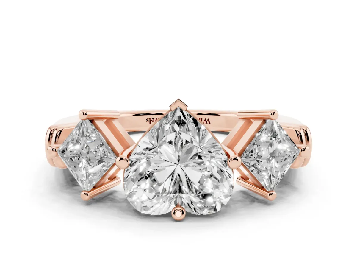 Three-Stone Heart Cut and Princess Cut Diamond Ring with Channel Band and Four-Prong Setting Rose gold