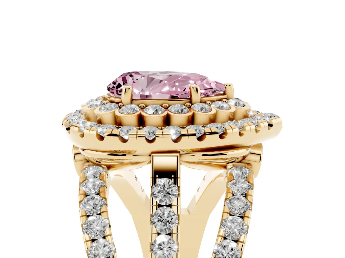 Fancy Pink Pear Cut Diamond Double Halo Ring with Round Pavé Split Shank and Prong Setting Yellow gold