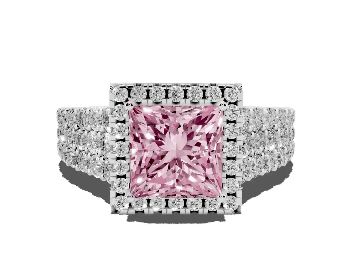 Fancy Pink Princess Cut Diamond Halo Engagement Ring with Triple Row Round Pavé Band and Prong Setting Silver