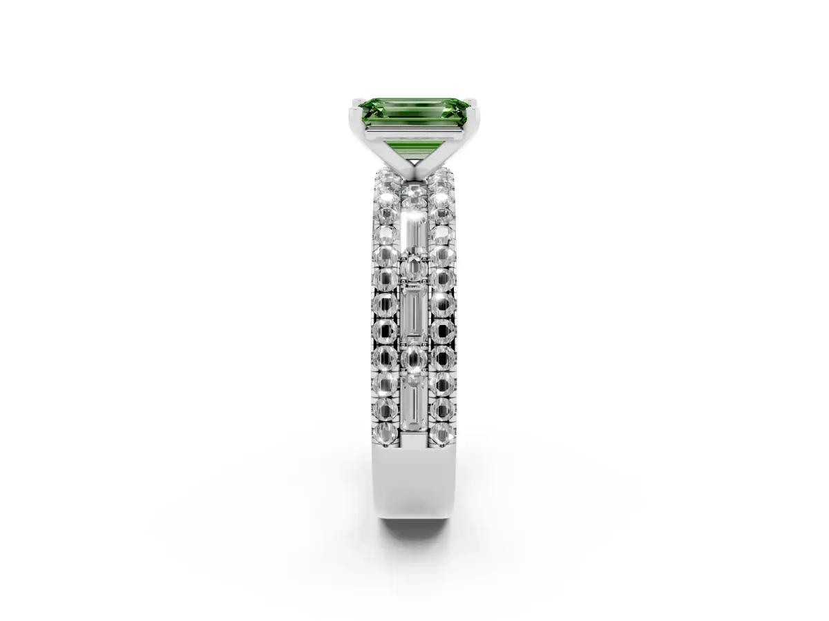 Fancy Green Emerald Cut Diamond Solitaire Ring with Pavé and Channel Set Band White gold