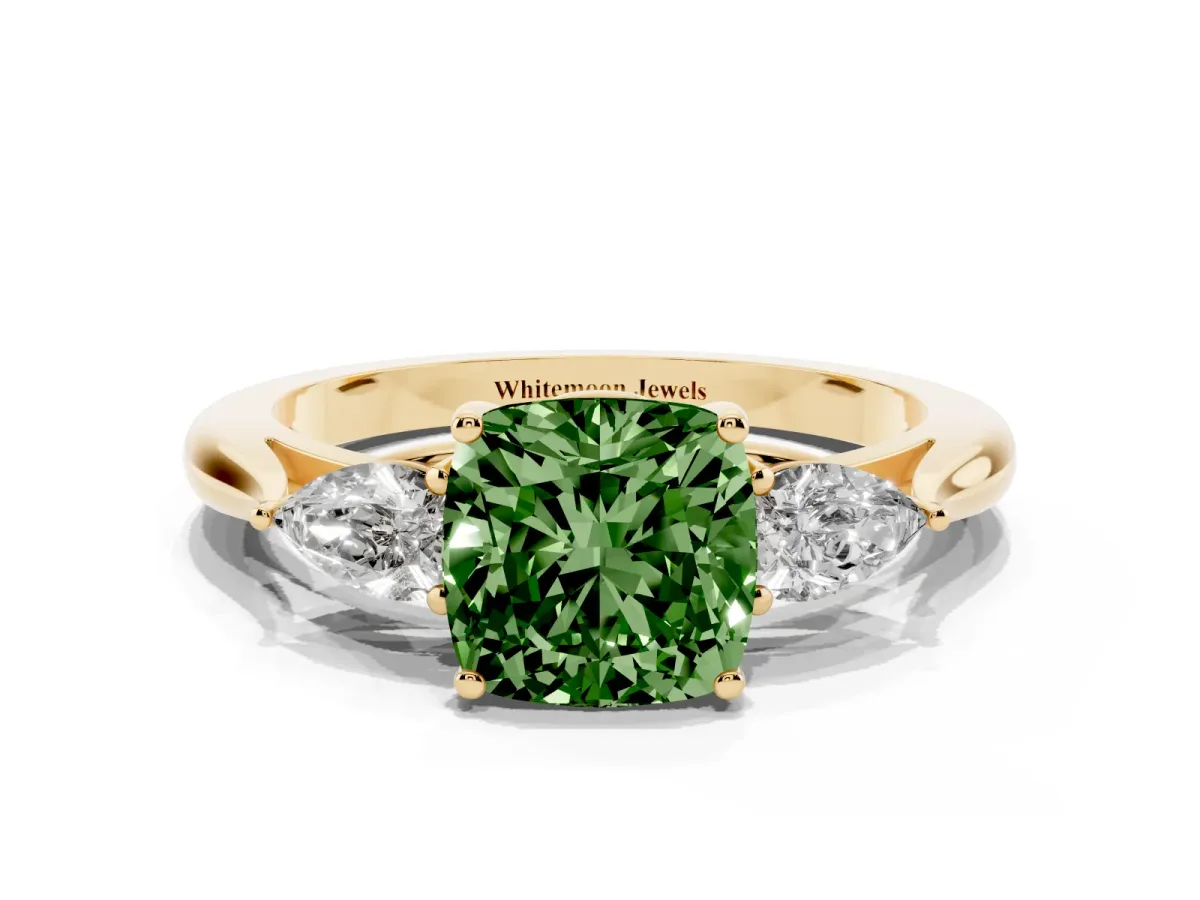 Fancy Green Cushion Cut Diamond Three-Stone Ring with Pear Side Stones and Prong Setting Yellow gold