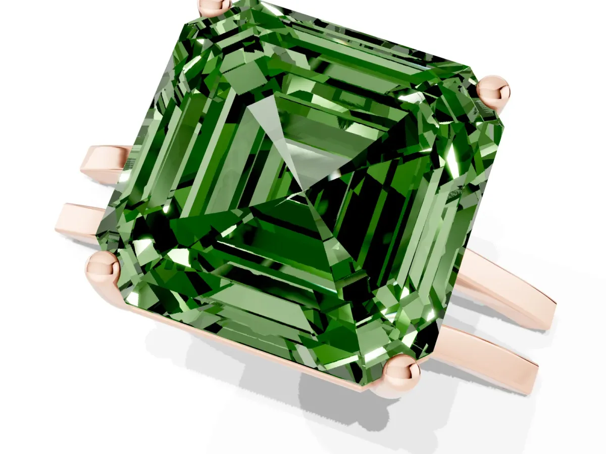 Fancy Green Asscher Cut Cut Diamond Solitaire Engagement Ring with Tapered Plain Band and Four-Prong Setting Rose gold
