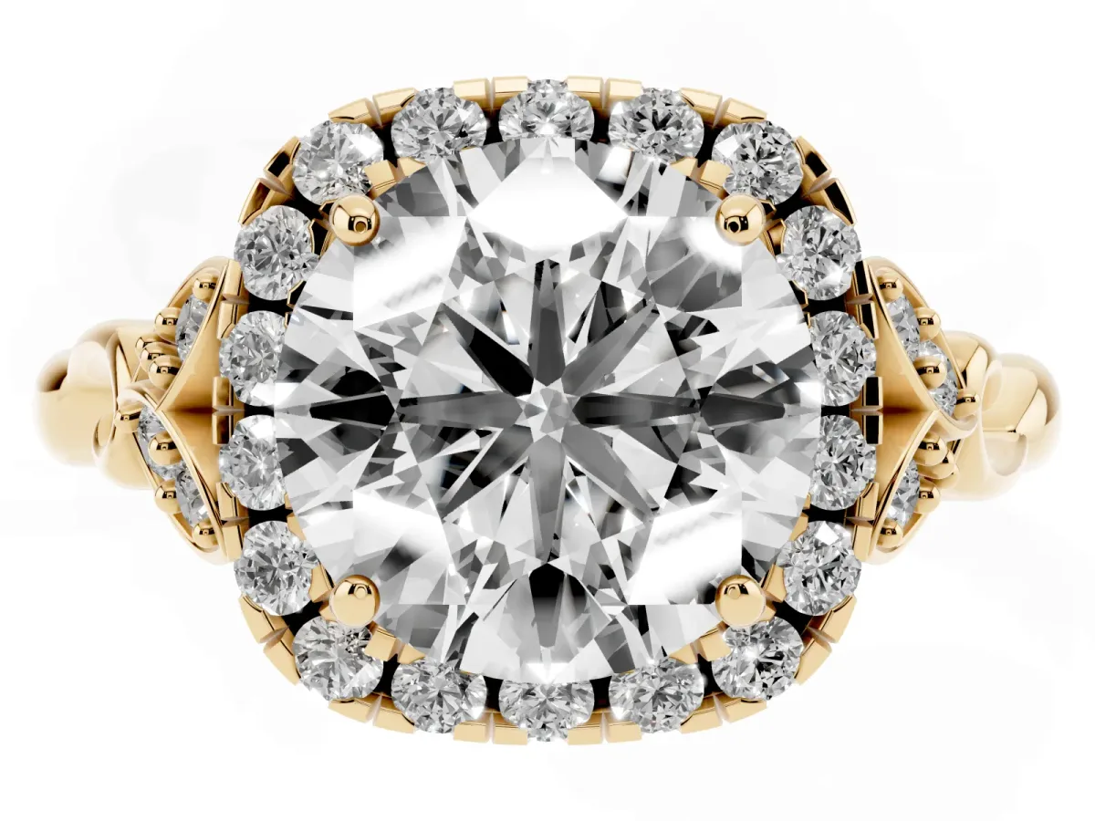 Round Cut Halo Diamond Engagement Ring with Vintage-Inspired Band and Four-Prong Setting Yellow gold