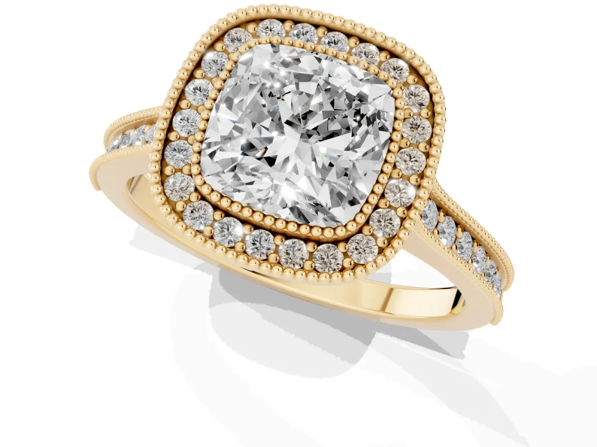 Halo Cushion Cut-Cut Diamond Pave Band Milgrain Prong Setting Ring Yellow gold