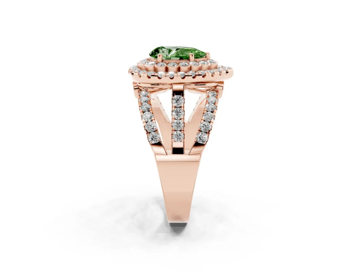 Fancy Green Pear Cut Diamond Double Halo Ring with Round Pavé Split Shank and Prong Setting Rose gold