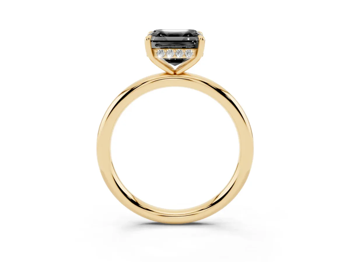 Fancy Black Asscher Cut Diamond Solitaire Ring with Thin Band and Four-Prong Setting Yellow gold