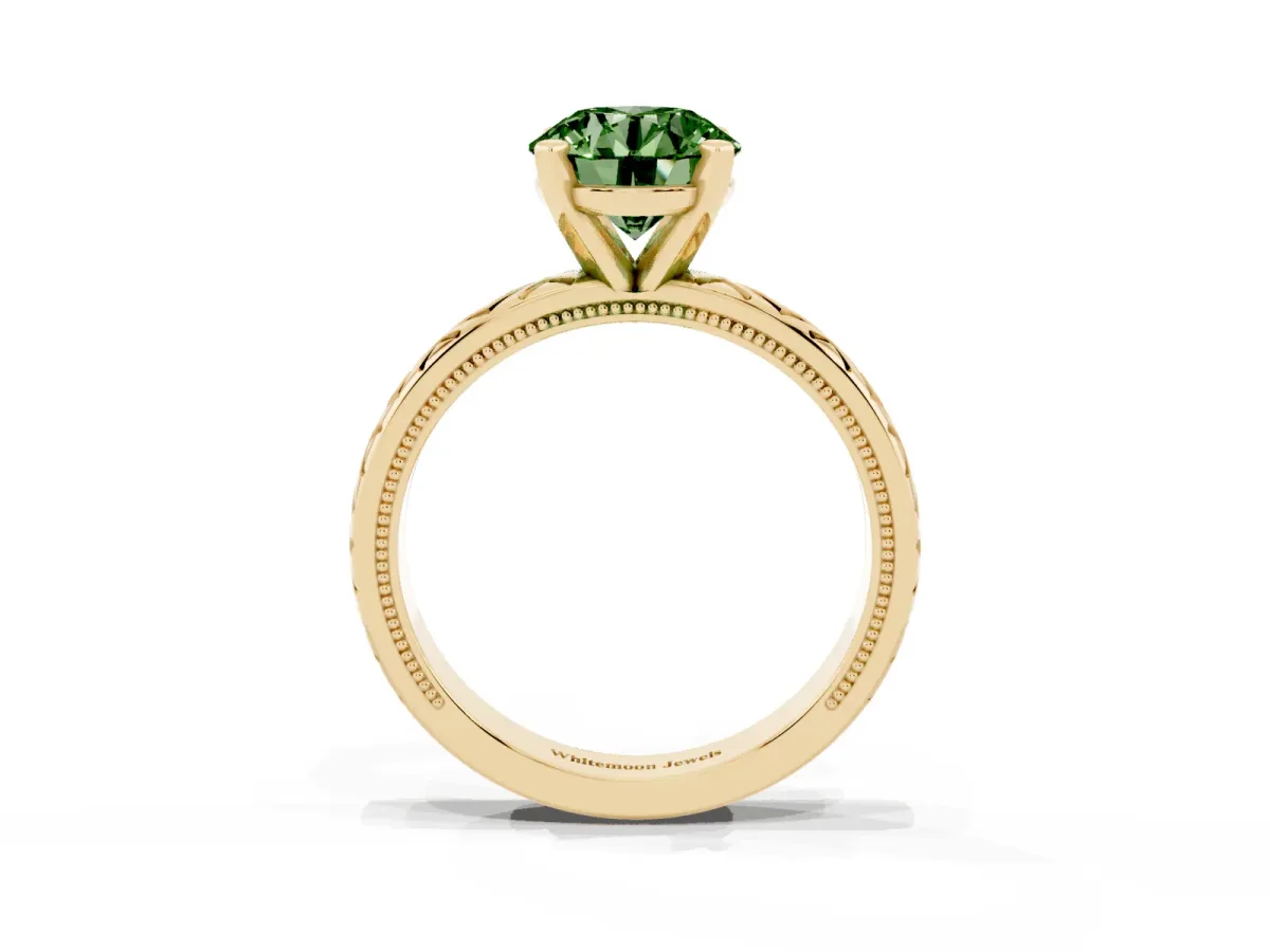 Fancy Green Round Cut Solitaire Diamond Ring with Milgrain and Black Enamel X Pattern Band Yellow gold