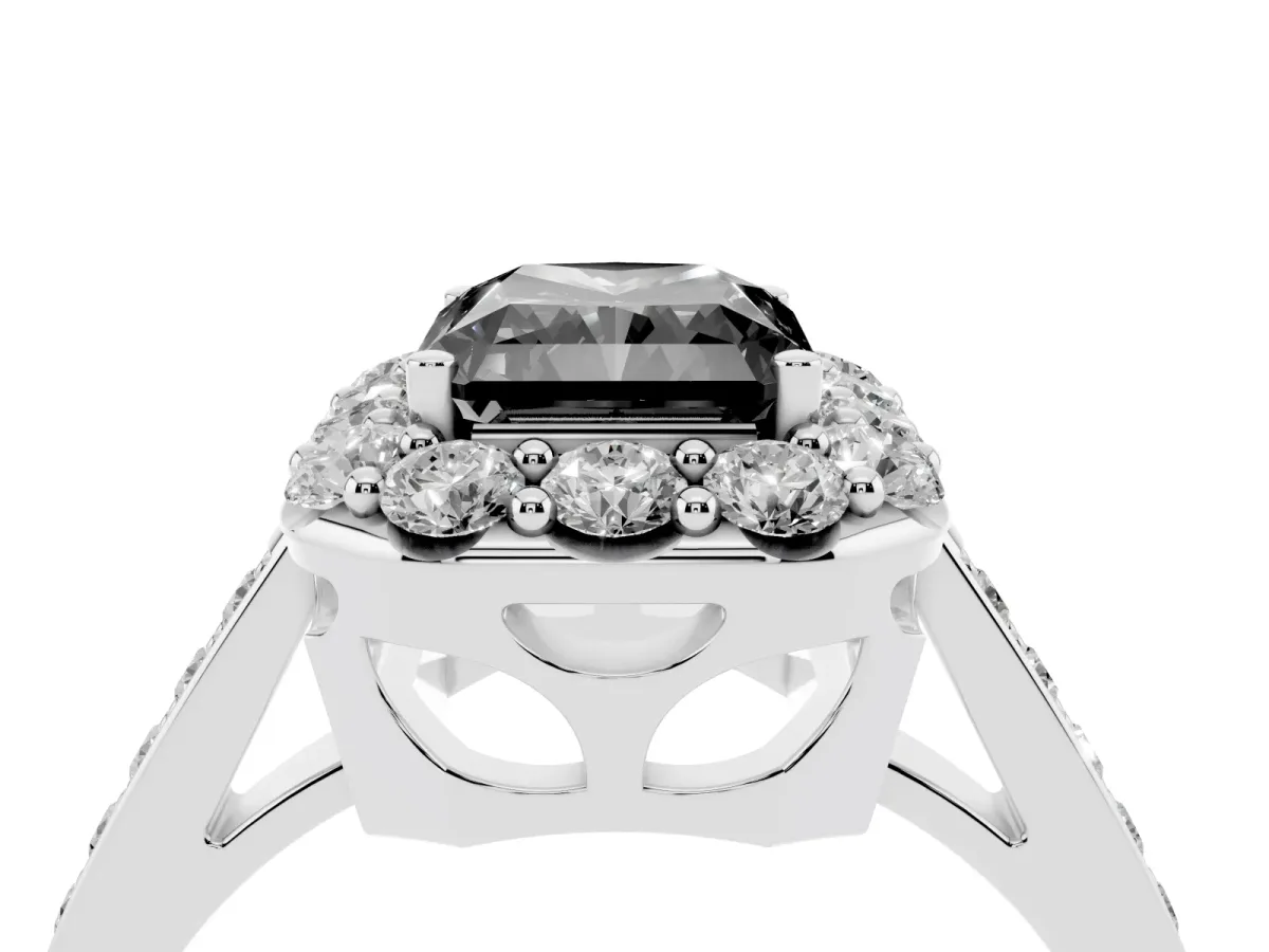 Fancy Black Radiant Cut Diamond Floral Halo Ring with Pavé Band and Prong Setting White gold