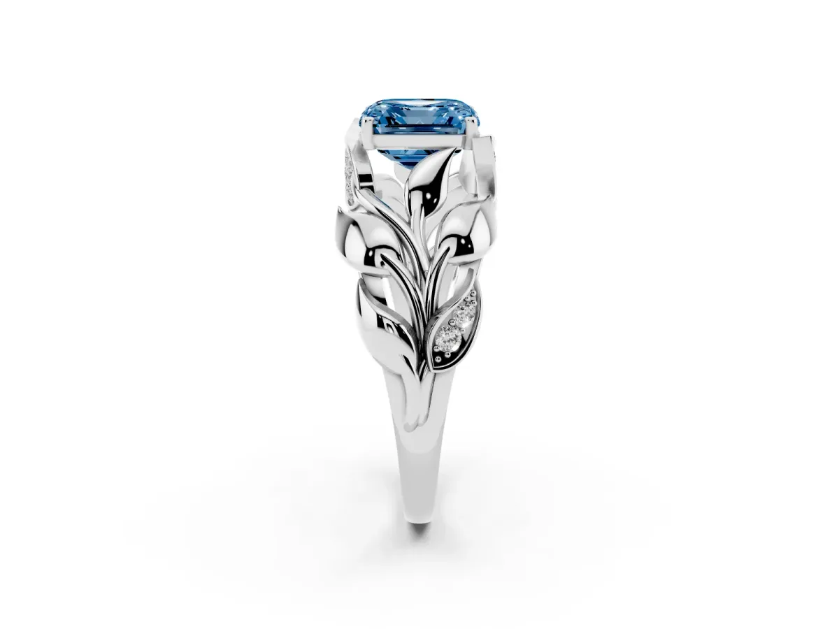 Fancy Blue Asscher Cut Diamond Leaf-Inspired Engagement Ring with Round Accents and Prong Setting Silver