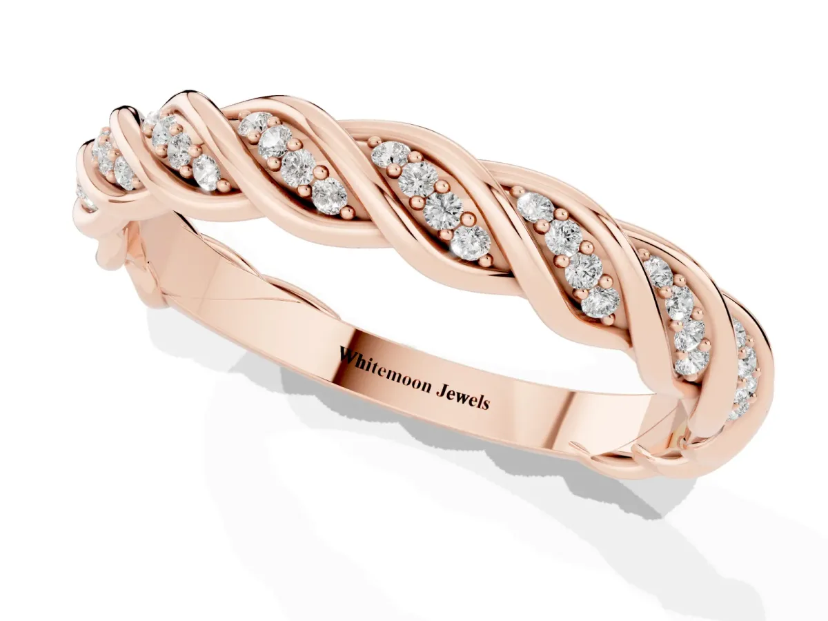 Twisted Pavé Round Diamond Eternity Band with Shared Prong Setting Rose gold